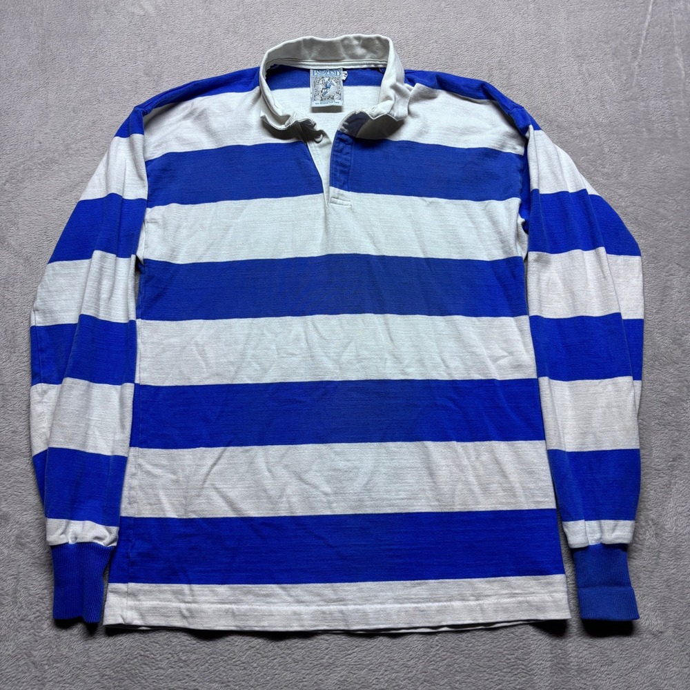 Lands End Mens XXL Rugby Shirt Blue White Striped Long Sleeve Cotton USA Made